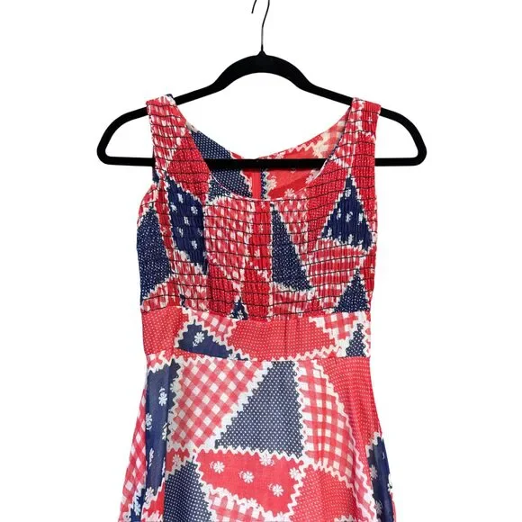 1960s/70s Vintage Red, White & Blue Patchwork Dress + Capelet, size xs - Picture 5 of 8
